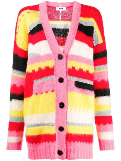 Msgm Geometric Knitted Cardigan In Red,pink,yellow,metallic