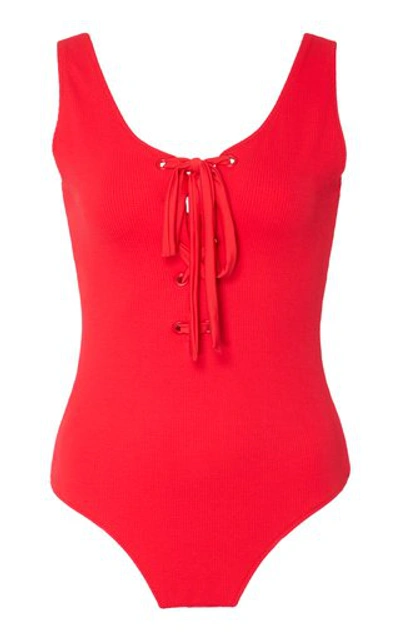 Ganni Textured Lace-up One-piece Swimsuit In Red