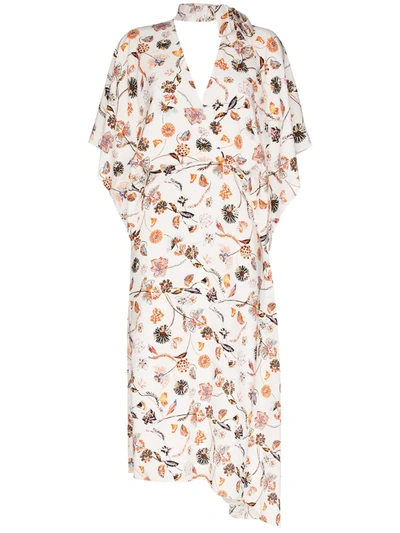 Roland Mouret Meyers Painterly Floral Asymmetric Mockneck Dress In White