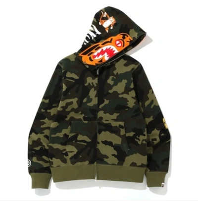 Pre-owned Bape  Woodland Camo Tiger Full Zip Hoodie Green