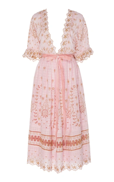 Loveshackfancy Augusta Embroidered Eyelet Plunging Midi Dress In Pink  Pattern | ModeSens