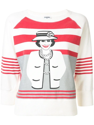 Pre-owned Chanel 2001 Mademoiselle Print Striped Sweatshirt In White