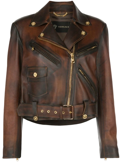 Versace Distressed Biker Jacket In Brown