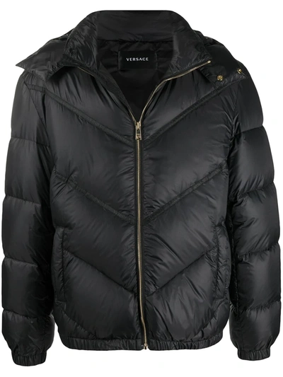 Versace Hooded Feather Down Padded Jacket In Black