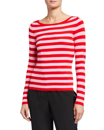 Milly Boat-neck Striped Long-sleeve Top In Red/bubblegum