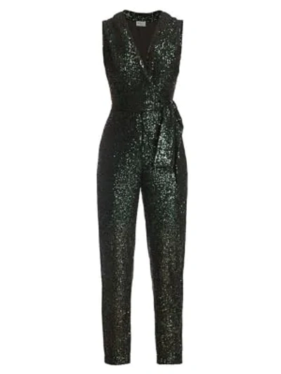 Milly Stretch Micro Sequins V-neck Sleeveless Tie Jumpsuit In Green