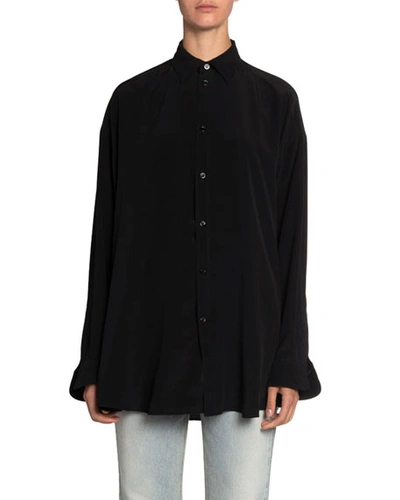 Balenciaga Logo-graphic Silk-crepe Button-front Blouse In Black