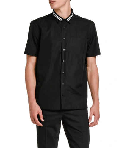 Neil Barrett Men's Striped-collar Stretch-poplin Sport Shirt In Black/white