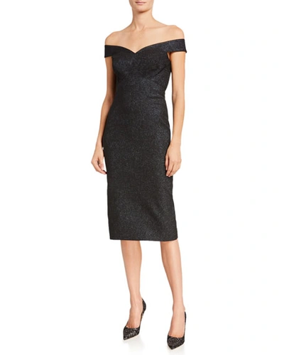 Zac Posen Metallic Crepe Off-the-shoulder Sheath Dress In Black