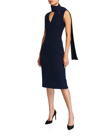 Oscar De La Renta Wool Crepe Tie-neck Midi Dress In Navy | ModeSens