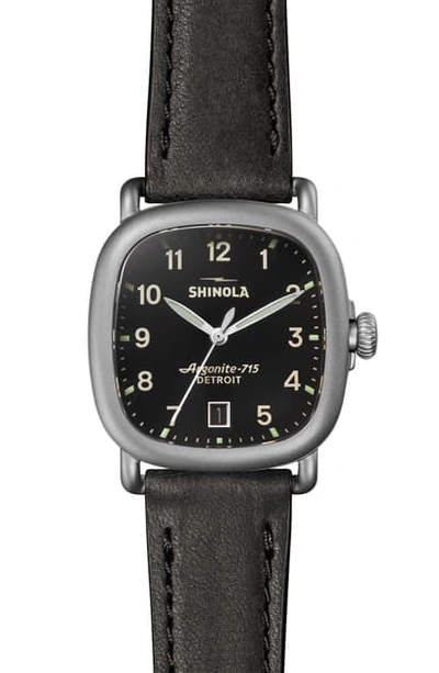 Shinola Men's 43mm Square Guardian 3-hand Date Watch With Leather Strap In Black/ Silver