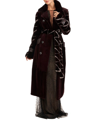 Burnett Ny Sheared Mink Fur Coat W/ Intarsia Sleeves & Self Belt In Multi