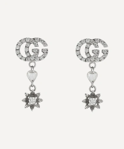 Gucci White Gold Gg And Flower Diamond Drop Earrings