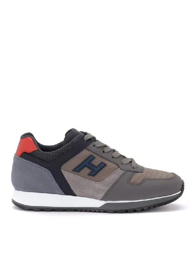 Hogan Model H321 Sneaker In Gray And Blue Leather And Technical Fabric In Rosso