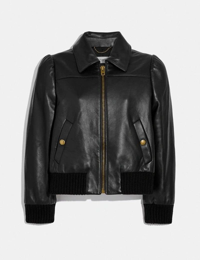 Coach Leather Tailored Bomber Jacket In Black - Size 04 In Color<lsn_delimiter>black