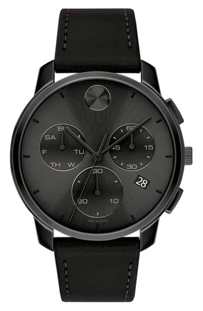 Movado Bold Chronograph Stainless Steel & Leather Strap Watch In Black