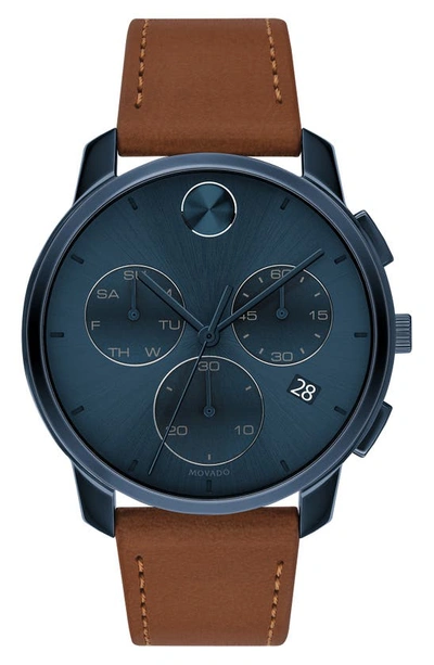 Movado Bold Chronograph Stainless Steel & Leather Strap Watch In Navy/brown