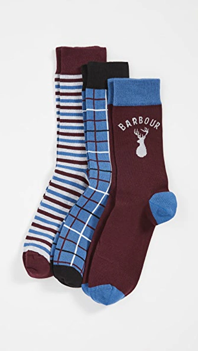 Barbour Stag Stripe Sock Set In Merlot/blue