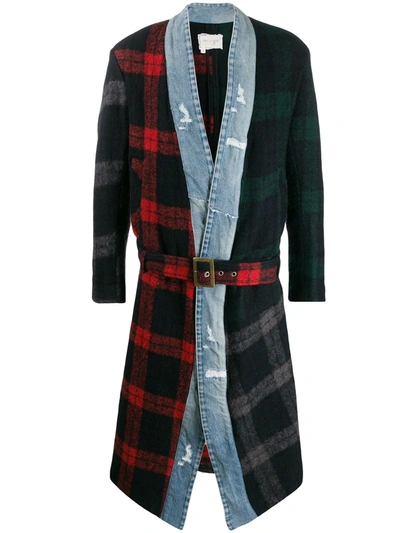 Greg Lauren Contrast Tartan Patterned Belted Coat In Blue