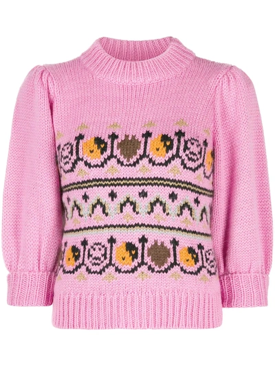 Ganni Intarsia Wool And Alpaca-blend Sweater In Pink