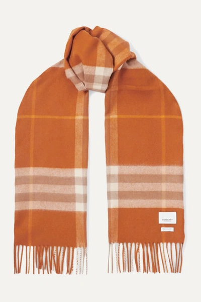 Burberry Fringed Checked Cashmere Scarf In Orange