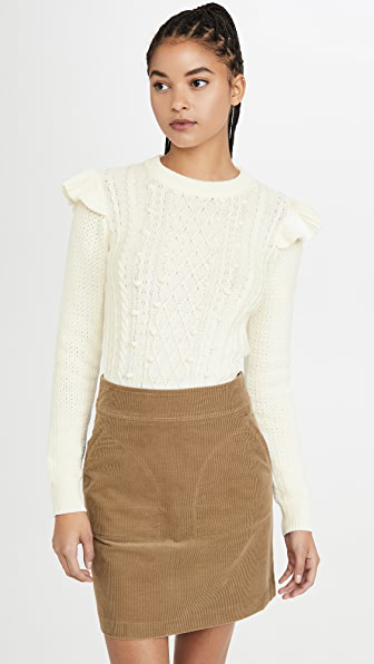 Veronica Beard Earl Ruffled Cable-knit Cotton-blend Sweater In Ivory ...