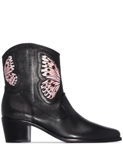 Sophia Webster Shelby Embroidered Satin-paneled Textured-leather Ankle Boots In Black