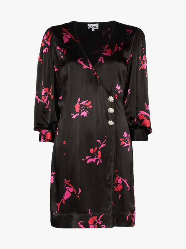 black satin wrap mini dress