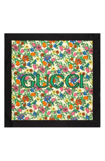 Gucci Pop Flora Logo Print Twill Silk Scarf In Ivory