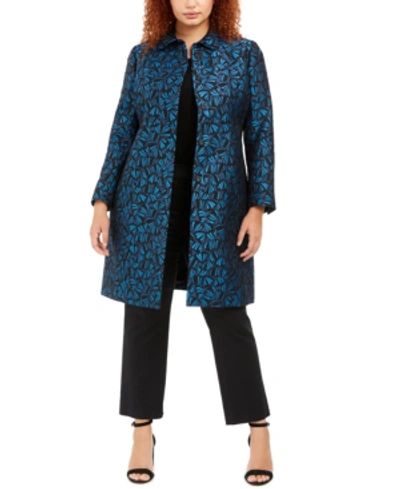 Anne Klein Plus Size Collared Printed Topper Jacket In Anne Black/spruce Combo