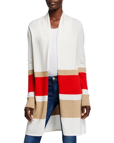 Neiman Marcus Colorblock Metallic Stripe Long-sleeve Cashmere Cardigan In Winter White