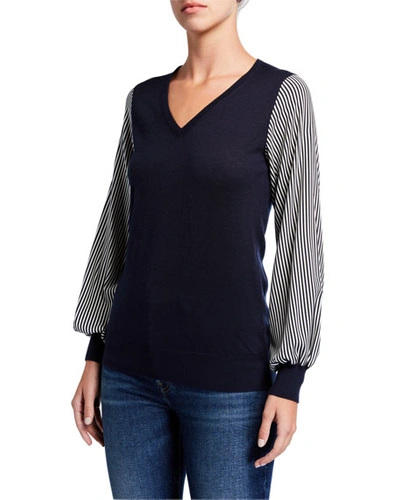 Neiman Marcus Superfine V-neck Long-sleeve Sweater W/ Striped Sleeves In Navy