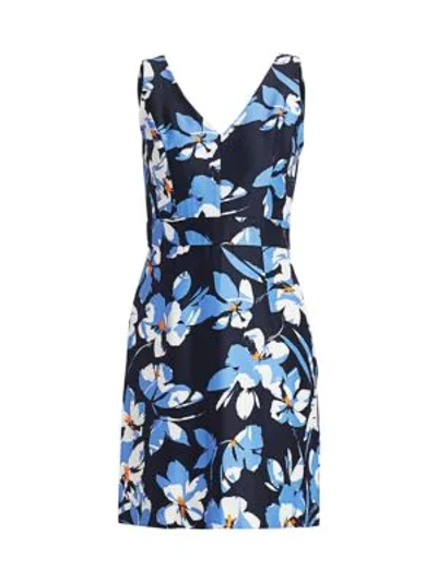 Milly Hibiscus Printed V-neck Sleeveless Faille Dress In Navy