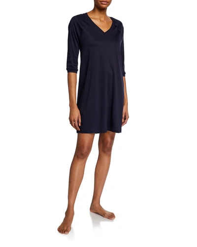 Hanro Pure Essence Raglan Three-quarter Sleeve Cotton Short Gown In Medium Blue