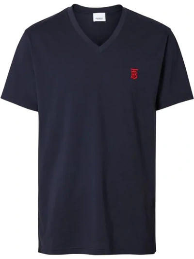 Burberry Logo-embroidered Cotton-blend V-neck T-shirt In Blue