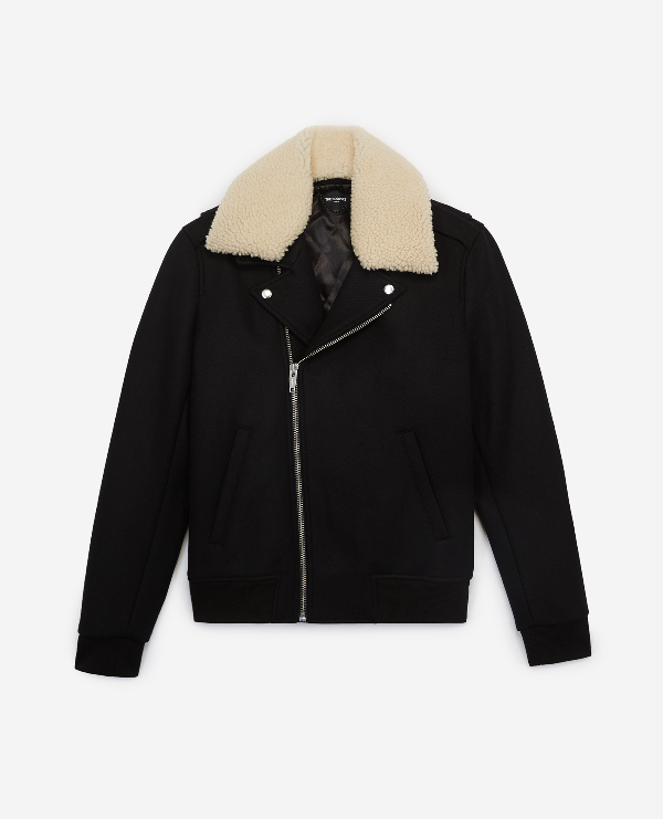 The Kooples Black Wool Biker Jacket With Sheepskin Collar | ModeSens
