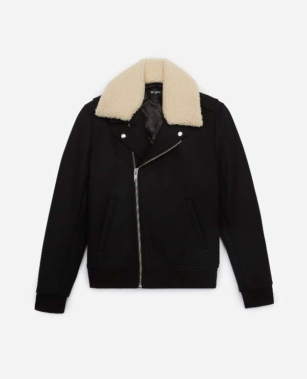The Kooples Black Wool Biker Jacket With Sheepskin Collar ModeSens