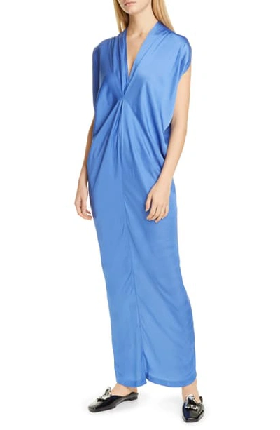 blue high neck satin dress Mac Duggal Beaded Bishop Sleeve Satin Gown - Sapphire (Blue) main image 1