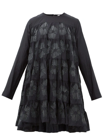 Merlette Soliman Floral Embroidered Long Sleeve Cotton & Silk Shift Dress In Black/silver Emb