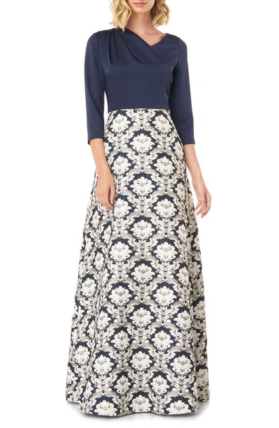 Kay Unger Izabella 3/4-sleeve Jacquard Ball Gown W/ Stretch Faille Bodice In Navy Multi