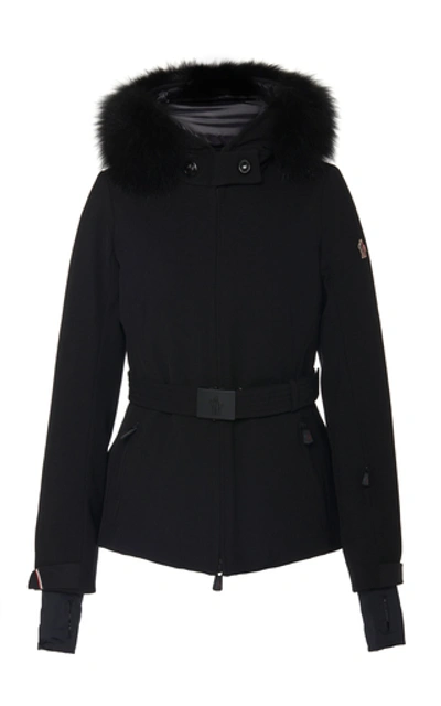 Moncler Bauges Belted Fur Hooded Coat In Black