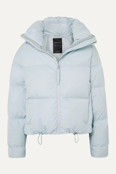 Cordova Mont Blanc Metallic Quilted Shell Down Bomber Jacket In Light Blue