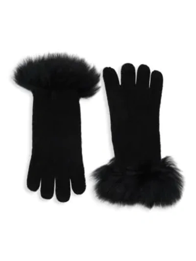 Amicale Fox Fur & Cashmere Gloves In Black