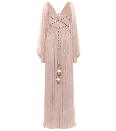 Peter Pilotto Lace-up Tassel-trimmed Metallic Plissé-jersey Gown In Pink