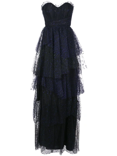 Marchesa Notte Tiered Ruffled Strapless Gown In Black