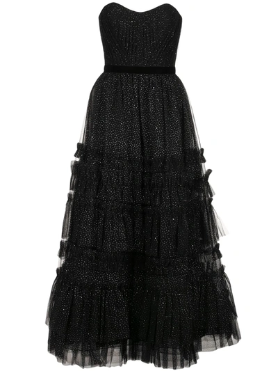 Marchesa Notte Ruffled Tiered Strapless Gown In Black