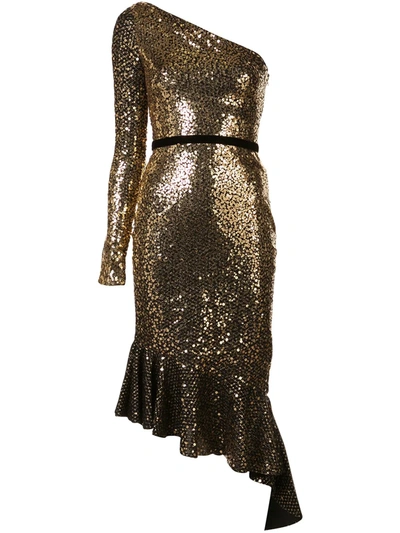 Marchesa Notte Sequinned Ruffle Asymmetric Dress In Gold