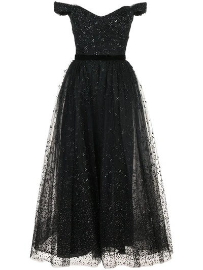 Marchesa Notte Draped Corseted Sequin-embellished Gown In Black