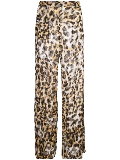 Josie Natori Couture Beaded Leopard Print Trousers In Brown