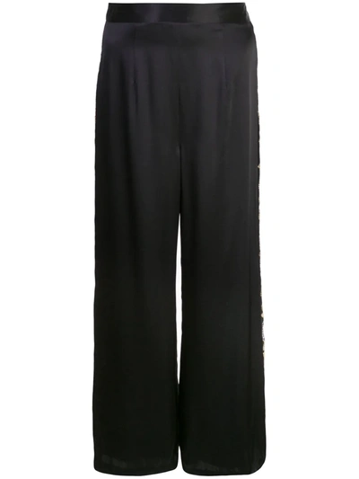 Josie Natori Couture Embroidered Wide Leg Trousers In Black